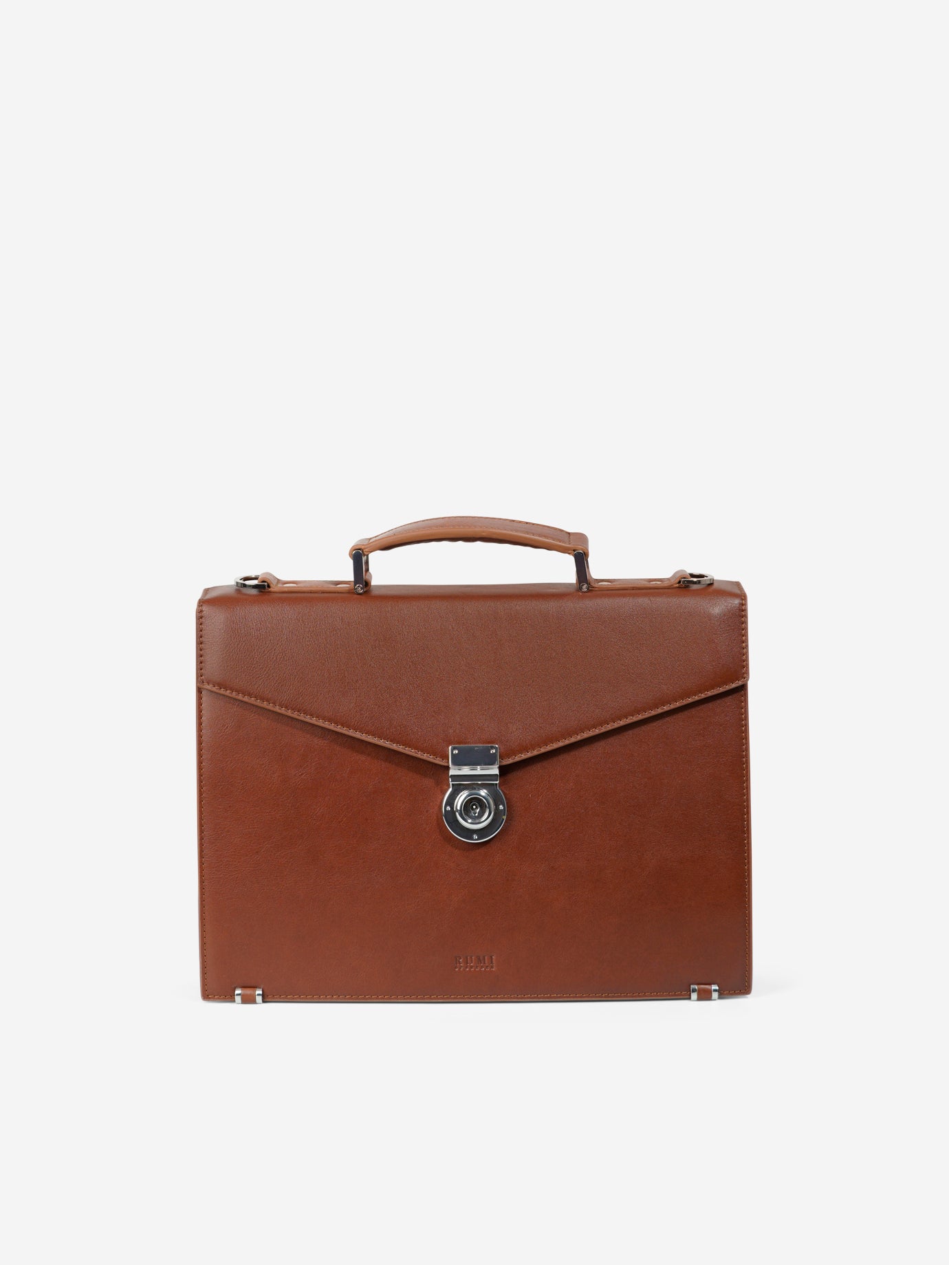 Classic Läder Portfölj & Datorväska i Konjak brun från RUMI OF SWEDEN – Frontvy med elegant och tidlös design med modern touch