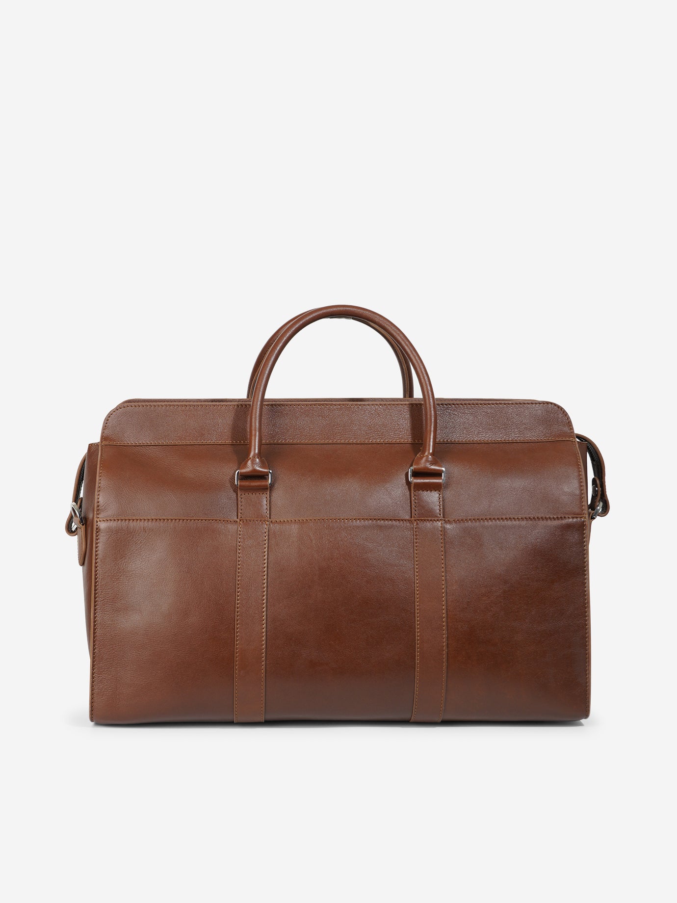 Gothenburg Läder Weekendbag i Konjak brun från RUMI OF SWEDEN – Baksida med stilrena design och läder axelrem
